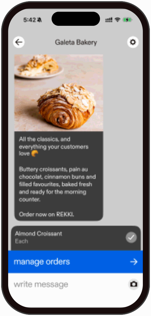 Galeta Bakery chat with manage orders button