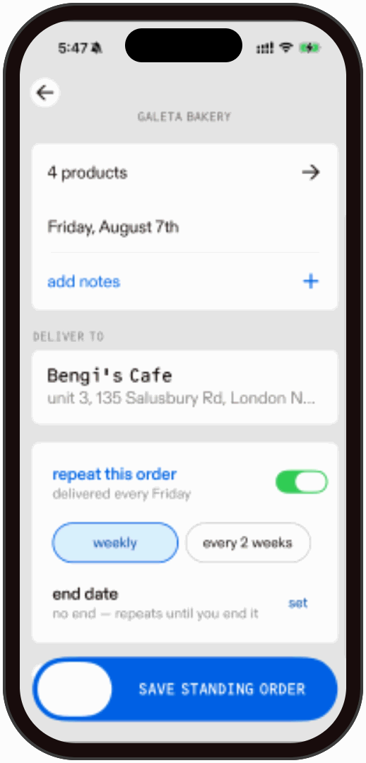 Standing order with weekly repeat on